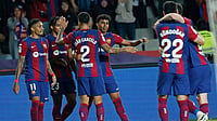 | Photo: AP/Joan Monfort : Real Sociedad Vs Barcelona Live Score, La Liga 2025-26: Lamine Yamal celebrates opening goal.